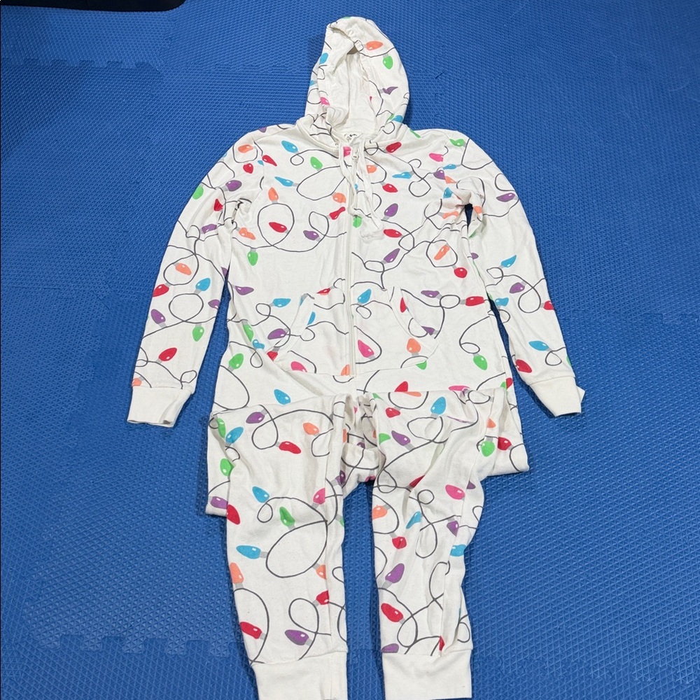 Bethany Mota White Hooded Onesie with Colorful Holiday Lights Print